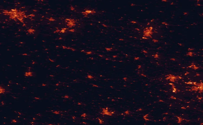 Satellite night-light map of the 100 km around Harz/Saxony-Anhalt Nature Park, with Hannover, Magdeburg and Braunschweig marked