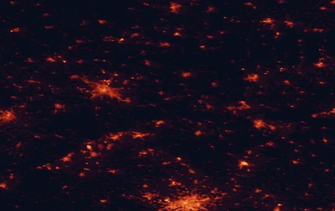 Satellite night-light map of the 100 km around Saxon Switzerland National Park, with Prague, Dresden and Chemnitz marked