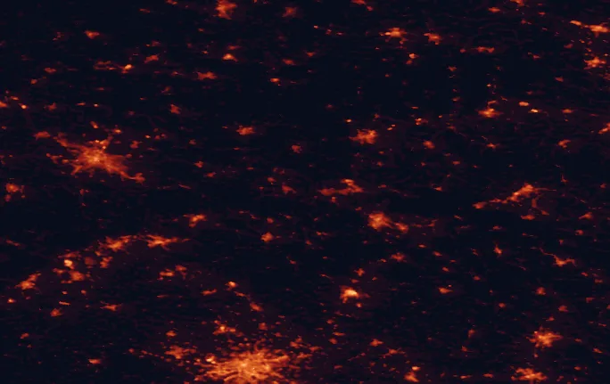 Satellite night-light map of the 100 km around Zittau Mountains Nature Park, with Prague, Dresden and Liberec marked