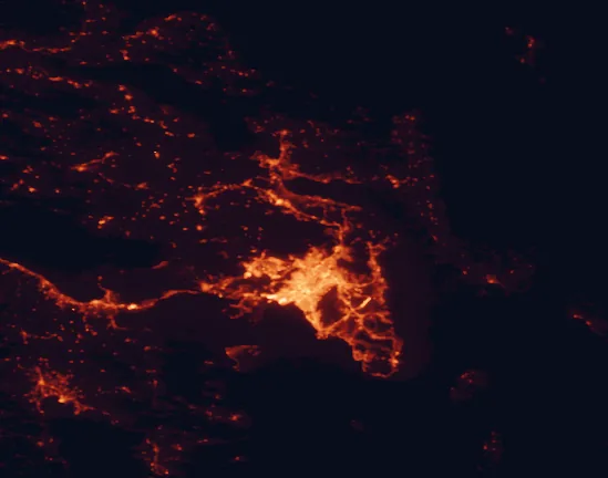 Satellite night-light map of the 100 km around Parnitha National Park, with Athens, Peristéri and Piraeus marked