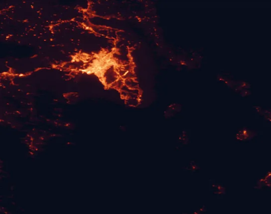 Satellite night-light map of the 100 km around Sounio National Park, with Athens, Piraeus and Peristéri marked