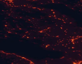 Satellite night-light map of the 50 km around Livadeia, with Thívai, Orchomenós and Kiáto marked