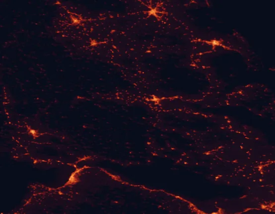 Satellite night-light map of the 100 km around Oiti National Park, with Pátra, Lamía and Lárisa marked