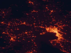Satellite night-light map of the 50 km around Chalkidona, with Thessaloníki, Kalamariá and Évosmos marked