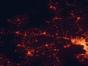 Satellite night-light map of the 50 km around Giannitsa, with Thessaloníki, Kalamariá and Évosmos marked