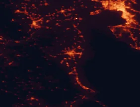 Satellite night-light map of the 50 km around Katerini, with Thessaloníki, Kalamariá and Évosmos marked