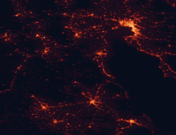 Satellite night-light map of the 100 km around Mount Olympus National Park, with Thessaloníki, Lárisa and Kateríni marked