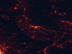 Satellite night-light map of the 50 km around Serres, with Lagkadás, Petrich and Skoútari marked