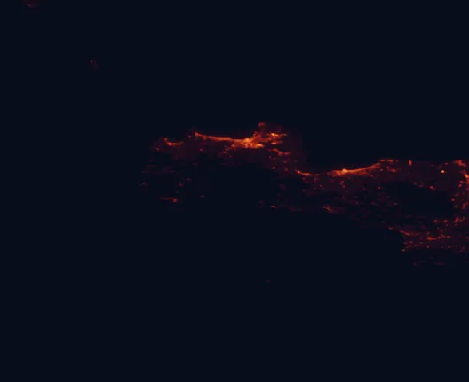 Satellite night-light map of the 100 km around Samaria National Park, with Chaniá and Rethymno marked