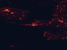 Satellite night-light map of the 50 km around Alexandroupoli, with Komotiní, Arrianá and Féres marked