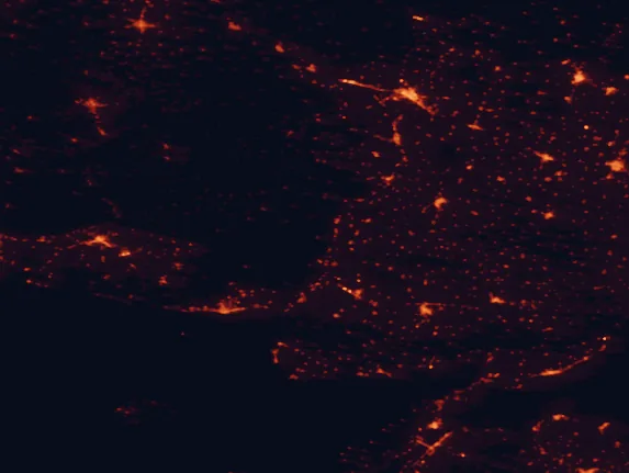 Satellite night-light map of the 100 km around Dadia Forest National Park, with Edirne, Alexandroupoli and Keşan marked