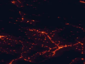 Satellite night-light map of the 50 km around Drama, with Kavála, Smolyan and Gotse Delchev marked