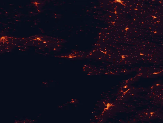 Satellite night-light map of the 100 km around Evros Delta National Park, with Alexandroupoli, Çanakkale and Keşan marked