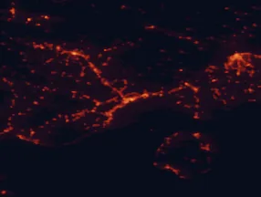 Satellite night-light map of the 50 km around Kavala, with Dráma, Xánthi and Eleftherés marked