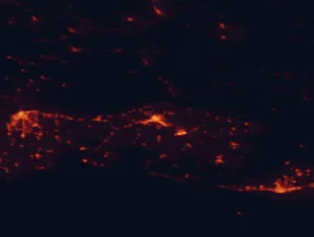 Satellite night-light map of the 50 km around Komotini, with Xánthi, Alexandroupoli and Arrianá marked