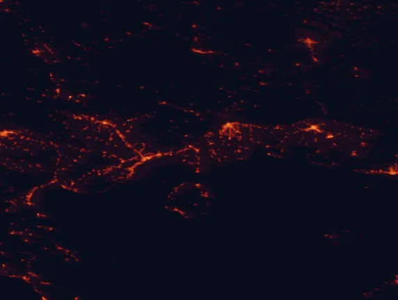 Satellite night-light map of the 100 km around Nestos Delta and Lake Vistonida National Park, with Kavála, Xánthi and Dráma marked
