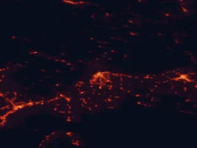 Satellite night-light map of the 50 km around Xanthi, with Kavála, Komotiní and Chrysoúpolis marked