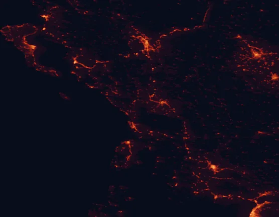 Satellite night-light map of the 100 km around Amvrakikos Wetlands National Park, with Ioánnina, Árta and Tríkala marked