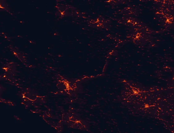 Satellite night-light map of the 100 km around North Pindos National Park, with Ioánnina, Tríkala and Korçë marked