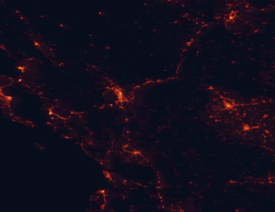 Satellite night-light map of the 100 km around Tzoumerka National Park, with Ioánnina, Tríkala and Corfu marked
