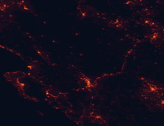 Satellite night-light map of the 100 km around Vikos-Aoös National Park, with Ioánnina, Korçë and Tríkala marked