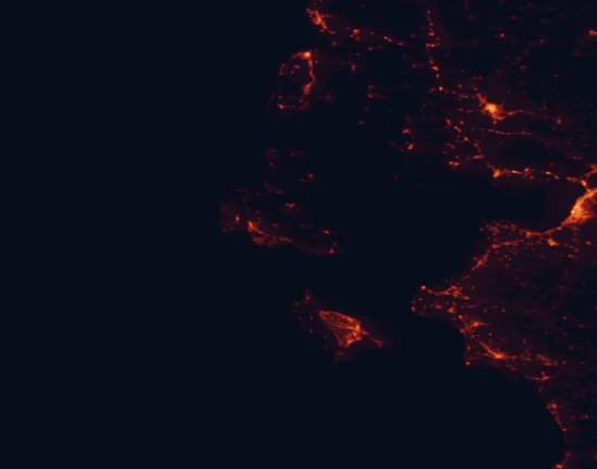 Satellite night-light map of the 100 km around Aenos National Park, with Pátra, Agrínio and Argostólion marked