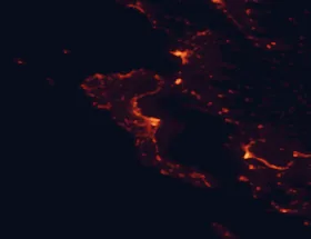 Satellite night-light map of the 50 km around Corfu, with Sarandë, Igoumenítsa and Párga marked