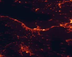 Satellite night-light map of the 50 km around Corinth, with Loutráki, Mégara and Thívai marked