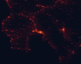 Satellite night-light map of the 50 km around Kalamata, with Sparta, Messíni and Gargaliánoi marked
