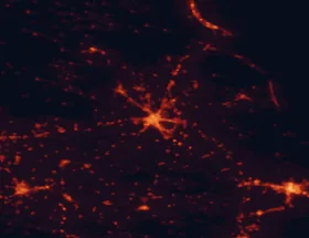 Satellite night-light map of the 50 km around Larissa, with Volos, Giánnouli and Kardítsa marked