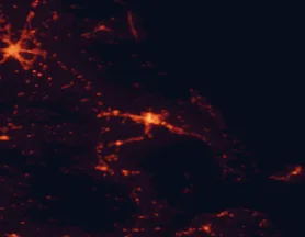 Satellite night-light map of the 50 km around Volos, with Lárisa, Agriá and Néa Anchiálos marked