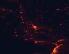 Satellite night-light map of the 50 km around Agrinio, with Pátra, Mesolóngi and Náfpaktos marked