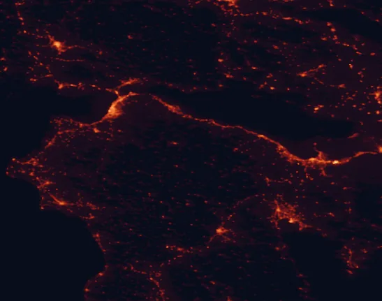 Satellite night-light map of the 100 km around Chelmos-Vouraikos National Park, with Pátra, Aígio and Agrínio marked