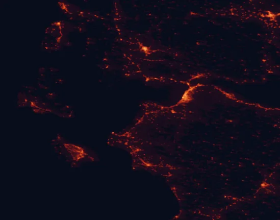 Satellite night-light map of the 100 km around Kotychi and Strofylia Wetlands National Park, with Pátra, Agrínio and Lamía marked