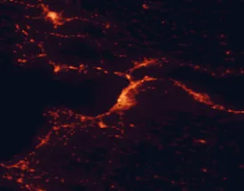 Satellite night-light map of the 50 km around Patras, with Río, Agrínio and Paralía marked