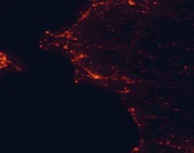 Satellite night-light map of the 50 km around Pyrgos, with Amaliáda, Archaía Olympía and Gastoúni marked