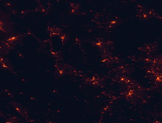 Satellite night-light map of the 100 km around Prespa National Park, with Bitola, Korçë and Elbasan marked