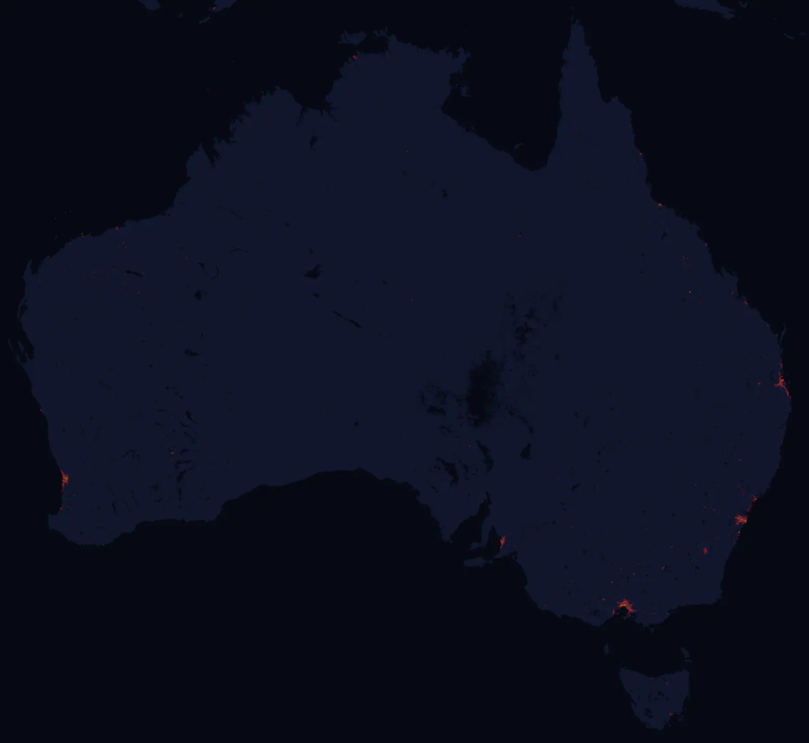 NASA satellite night-lights map of Australia with every place marked