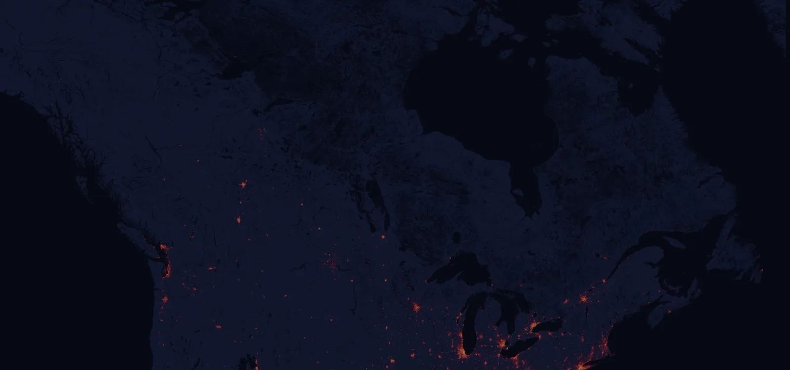 NASA satellite night-lights map of Canada with every place marked