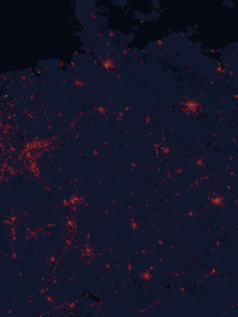 NASA satellite night-lights map of Germany with every place marked