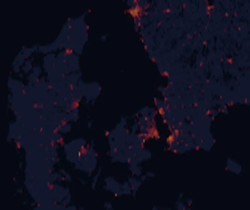 NASA satellite night-lights map of Denmark with every place marked