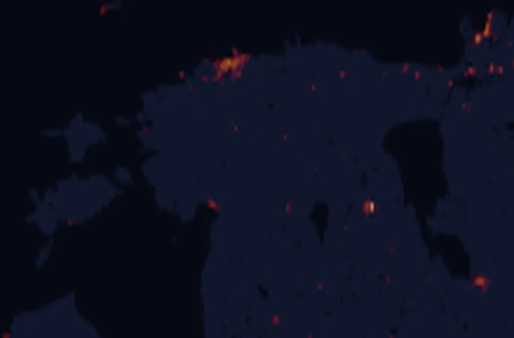 NASA satellite night-lights map of Estonia with every place marked