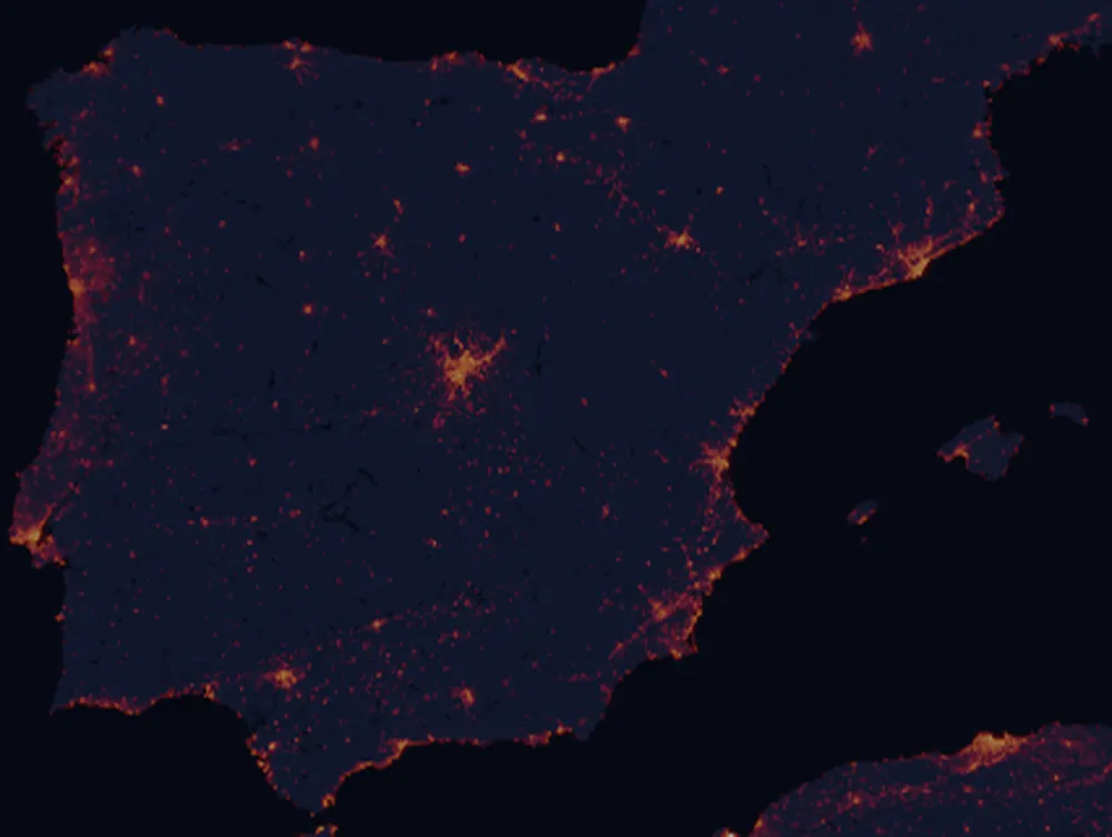 NASA satellite night-lights map of Spain with every place marked
