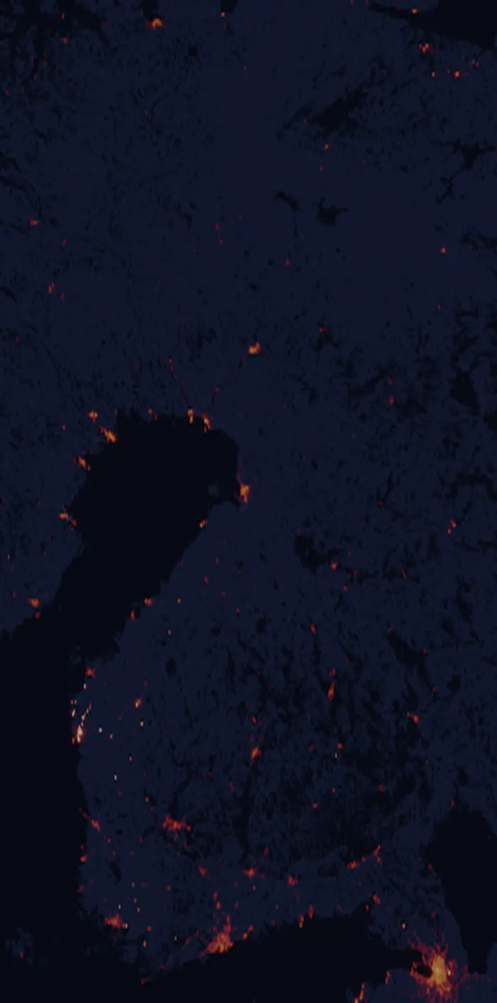Night-lights map of Finland with every place colored by the storm strength it needs to see the northern lights