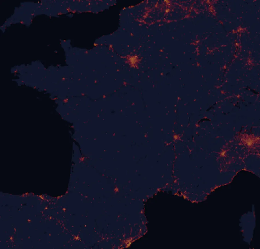 Night-lights map of France with every place colored by its Milky Way core nights in 2027