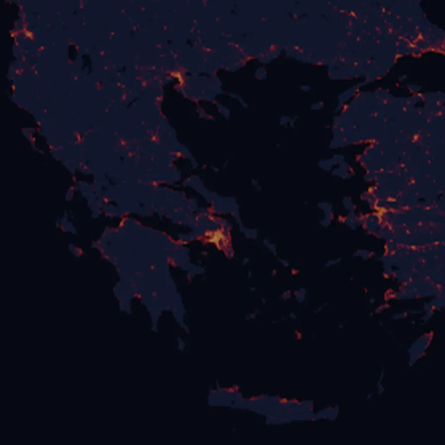 Night-lights map of Greece with every place colored by its Milky Way core nights in 2027