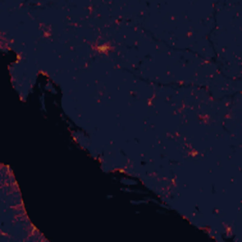 NASA satellite night-lights map of Croatia with every place marked