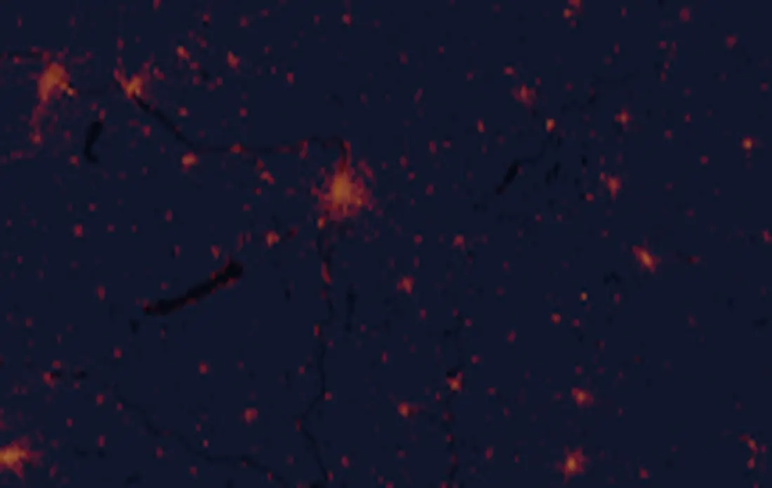 NASA satellite night-lights map of Hungary with every place marked