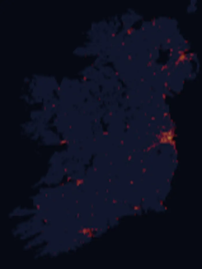 Night-lights map of Ireland with every place colored by the storm strength it needs to see the northern lights