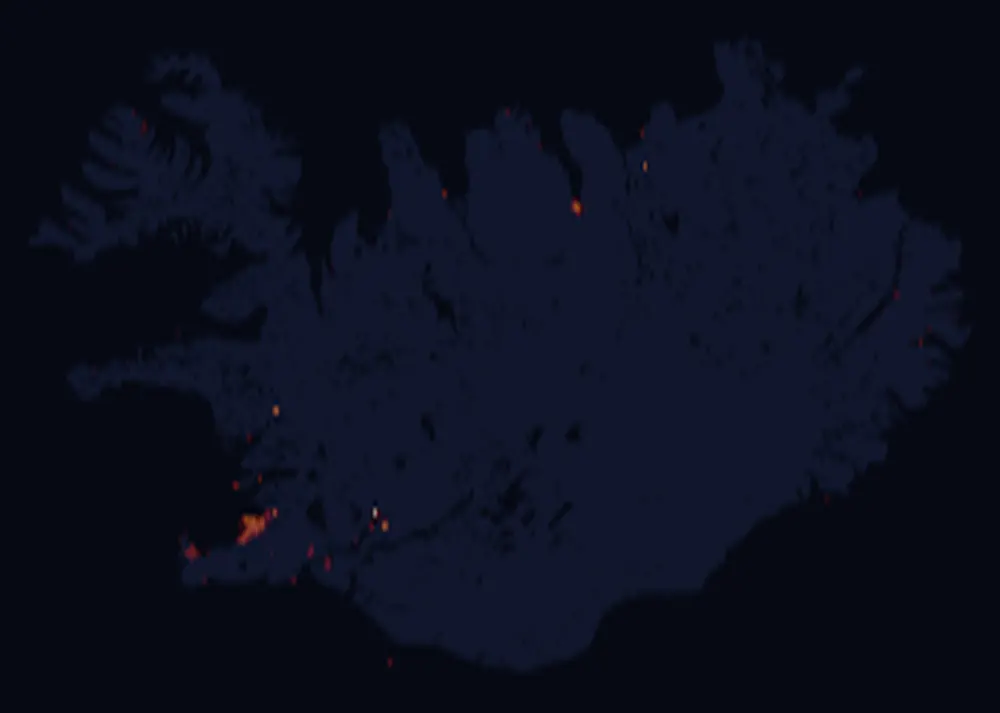 NASA satellite night-lights map of Iceland with every place marked